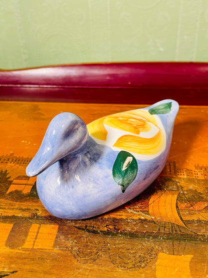 Lavender Ceramic Duck hand painted Figurine with Yellow Rose 14cm