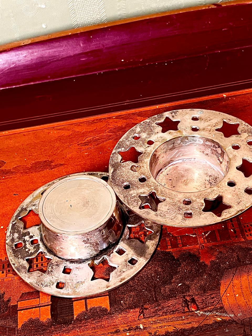 Vintage Silver Tone Star Cutout Tealight Candle Holders Pair 3.5 Inch