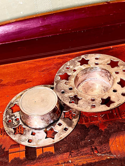 Vintage Silver Tone Star Cutout Tealight Candle Holders Pair 3.5 Inch