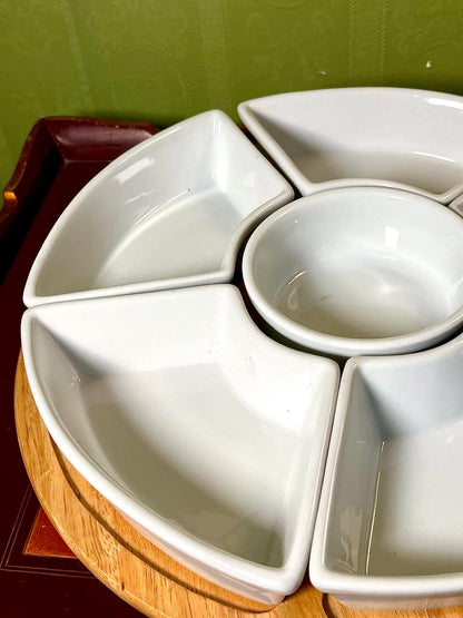 7 Piece White Ceramic Serving Platter Set with Rolling Wooden Lazy Susan