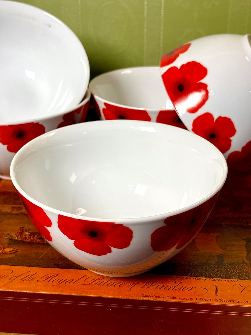 Set of 5 Red Poppy Ceramic Cereal / Soup Bowls 15 cm