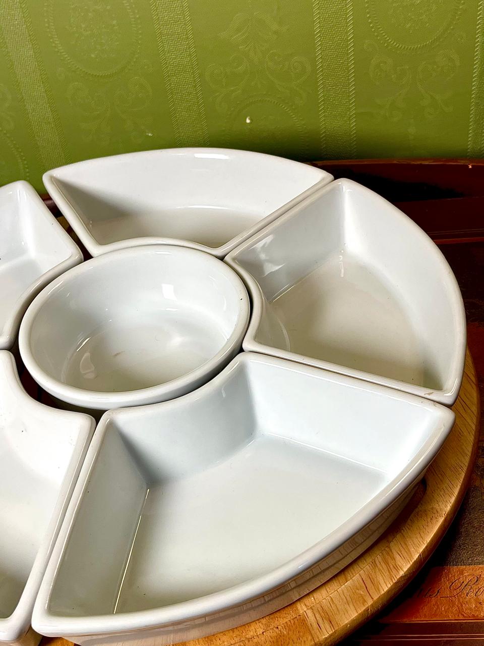 7 Piece White Ceramic Serving Platter Set with Rolling Wooden Lazy Susan
