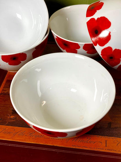 Set of 5 Red Poppy Ceramic Cereal / Soup Bowls 15 cm