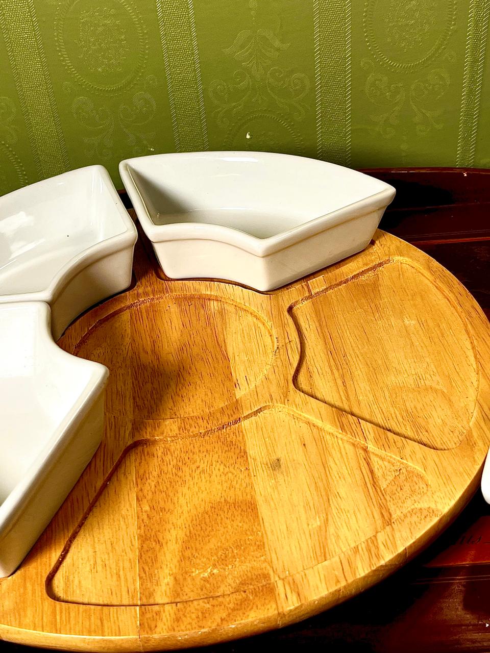 7 Piece White Ceramic Serving Platter Set with Rolling Wooden Lazy Susan