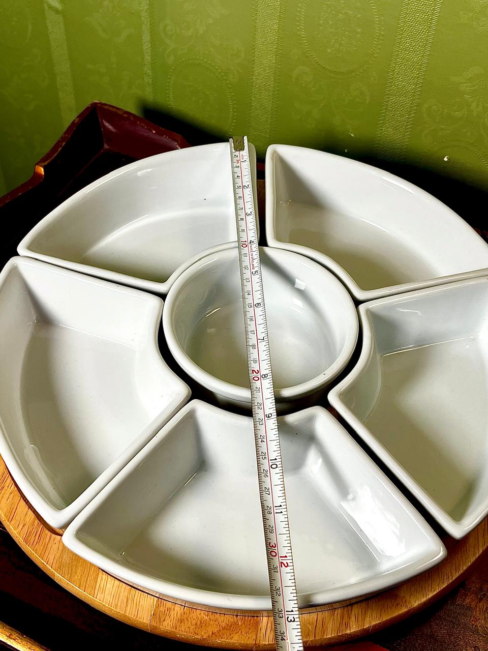 7 Piece White Ceramic Serving Platter Set with Rolling Wooden Lazy Susan