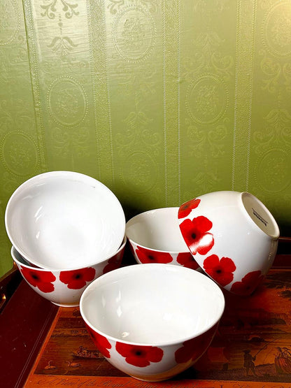 Set of 5 Red Poppy Ceramic Cereal / Soup Bowls 15 cm