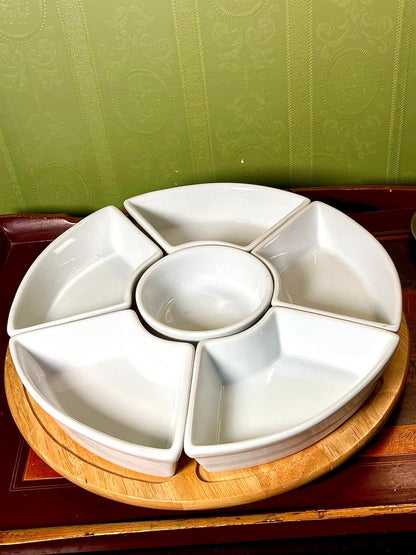 7 Piece White Ceramic Serving Platter Set with Rolling Wooden Lazy Susan