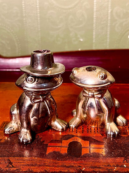Vintage Silver Frog Candlestick Holders Pair – Whimsical Animal Candle Stands