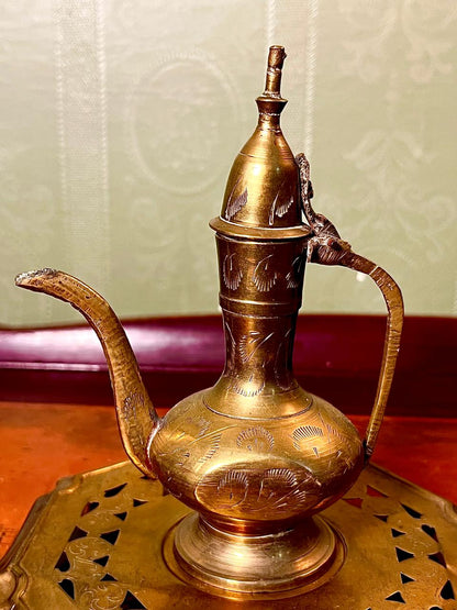 Vintage Engraved Brass Dallah Coffee Pot with Pierced Brass Trivet Stand