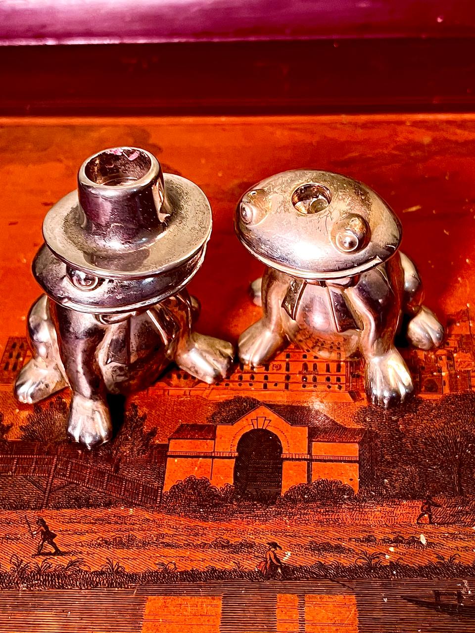Vintage Silver Frog Candlestick Holders Pair – Whimsical Animal Candle Stands