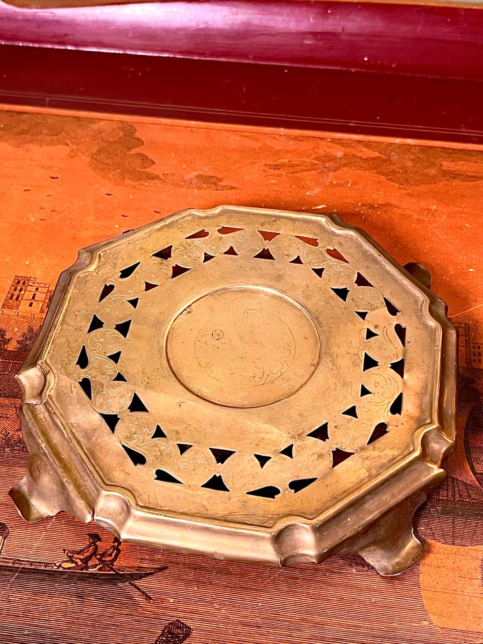 Vintage Engraved Brass Dallah Coffee Pot with Pierced Brass Trivet Stand