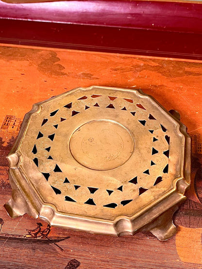 Vintage Engraved Brass Dallah Coffee Pot with Pierced Brass Trivet Stand