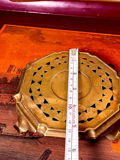 Vintage Engraved Brass Dallah Coffee Pot with Pierced Brass Trivet Stand