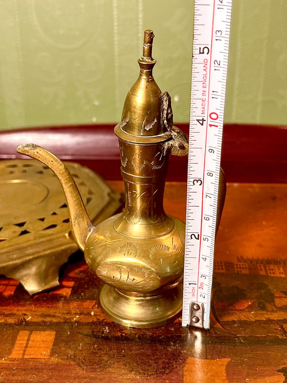 Vintage Engraved Brass Dallah Coffee Pot with Pierced Brass Trivet Stand
