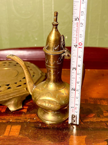 Vintage Engraved Brass Dallah Coffee Pot with Pierced Brass Trivet Stand
