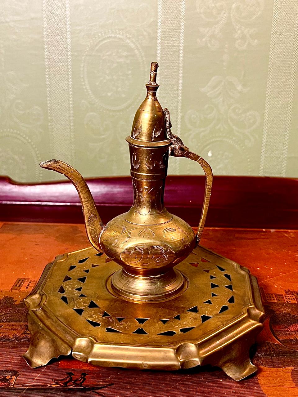 Vintage Engraved Brass Dallah Coffee Pot with Pierced Brass Trivet Stand