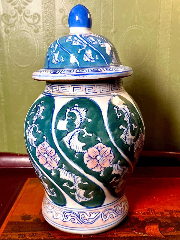 Rare find Asian Style Green Blue Floral Ceramic Ginger Jar with Lid 10 Inch
