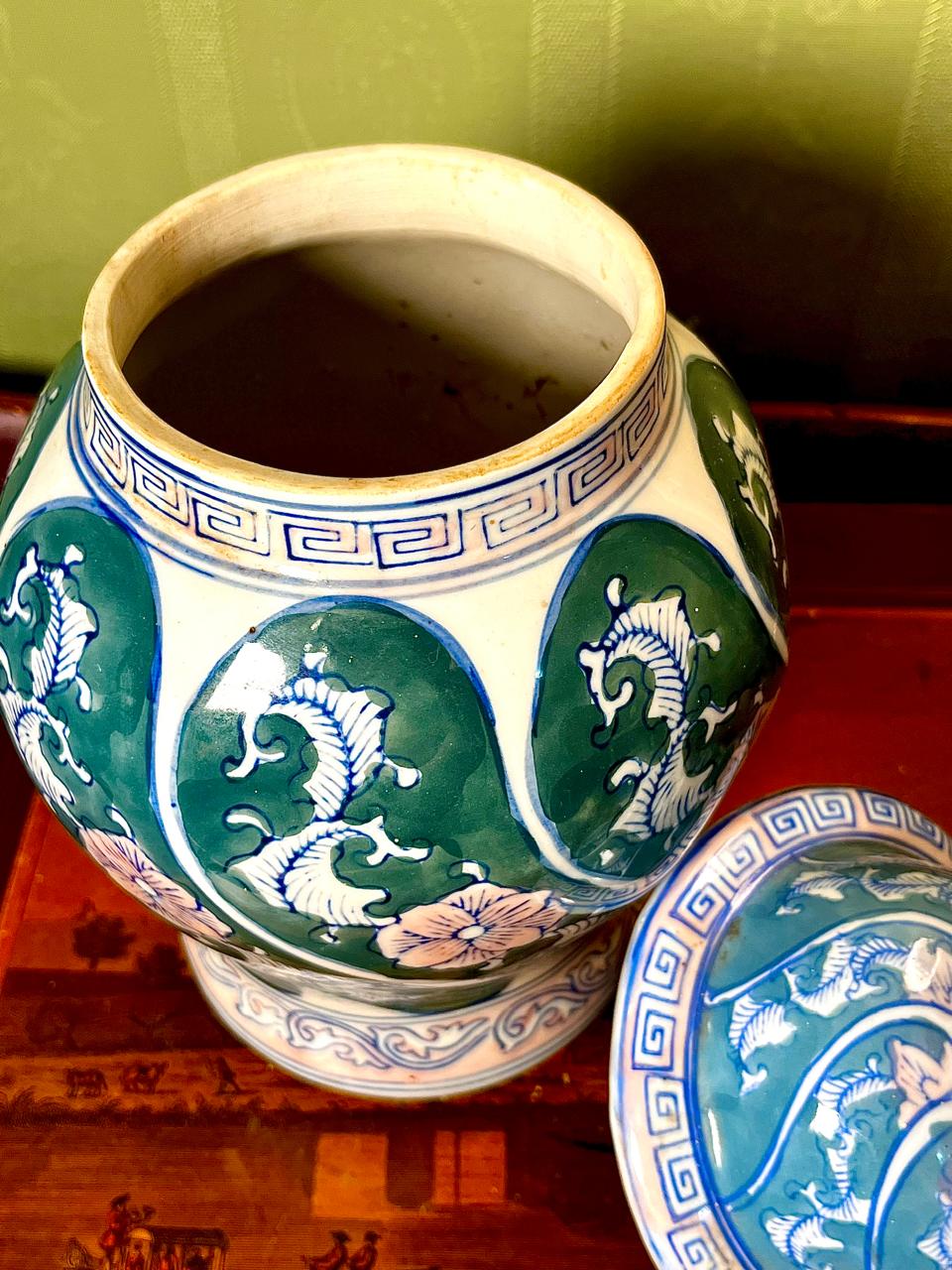 Rare find Asian Style Green Blue Floral Ceramic Ginger Jar with Lid 10 Inch