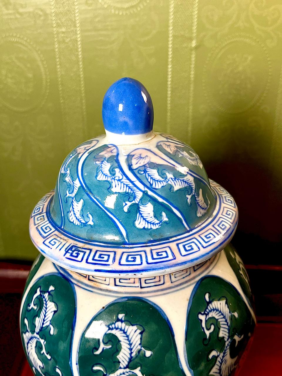 Rare find Asian Style Green Blue Floral Ceramic Ginger Jar with Lid 10 Inch