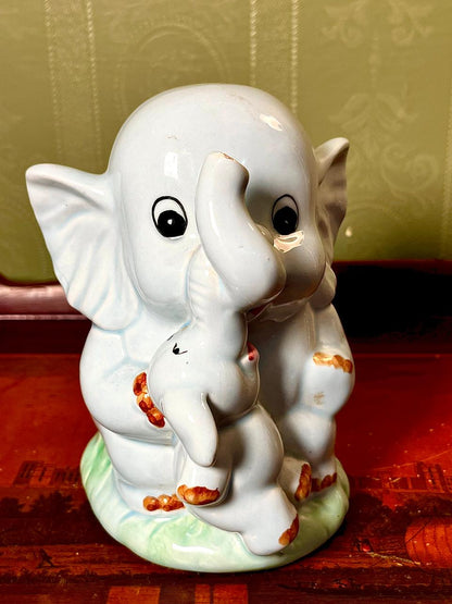 Ceramic Elephant Coin Bank Figurine 6 Inch Grey