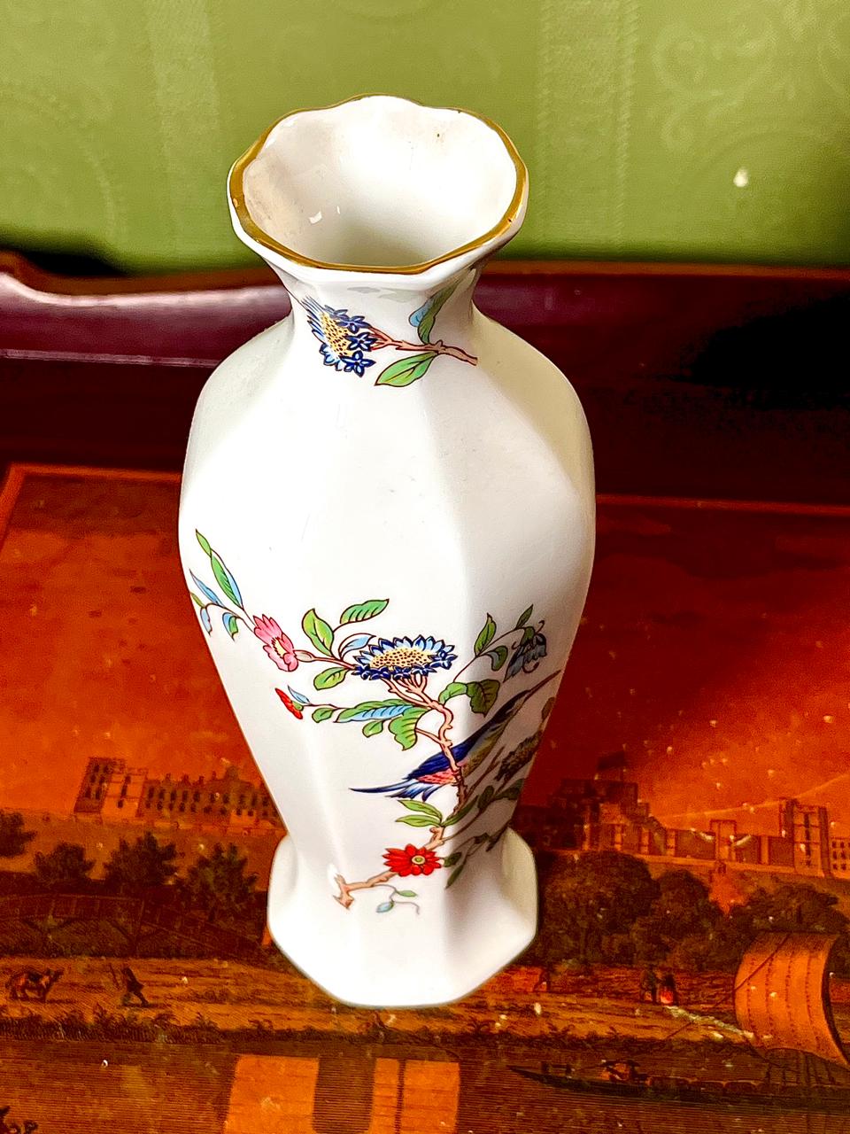 Tall Aynsley Floral Bird Vase with Gold Trim – 7.5 in