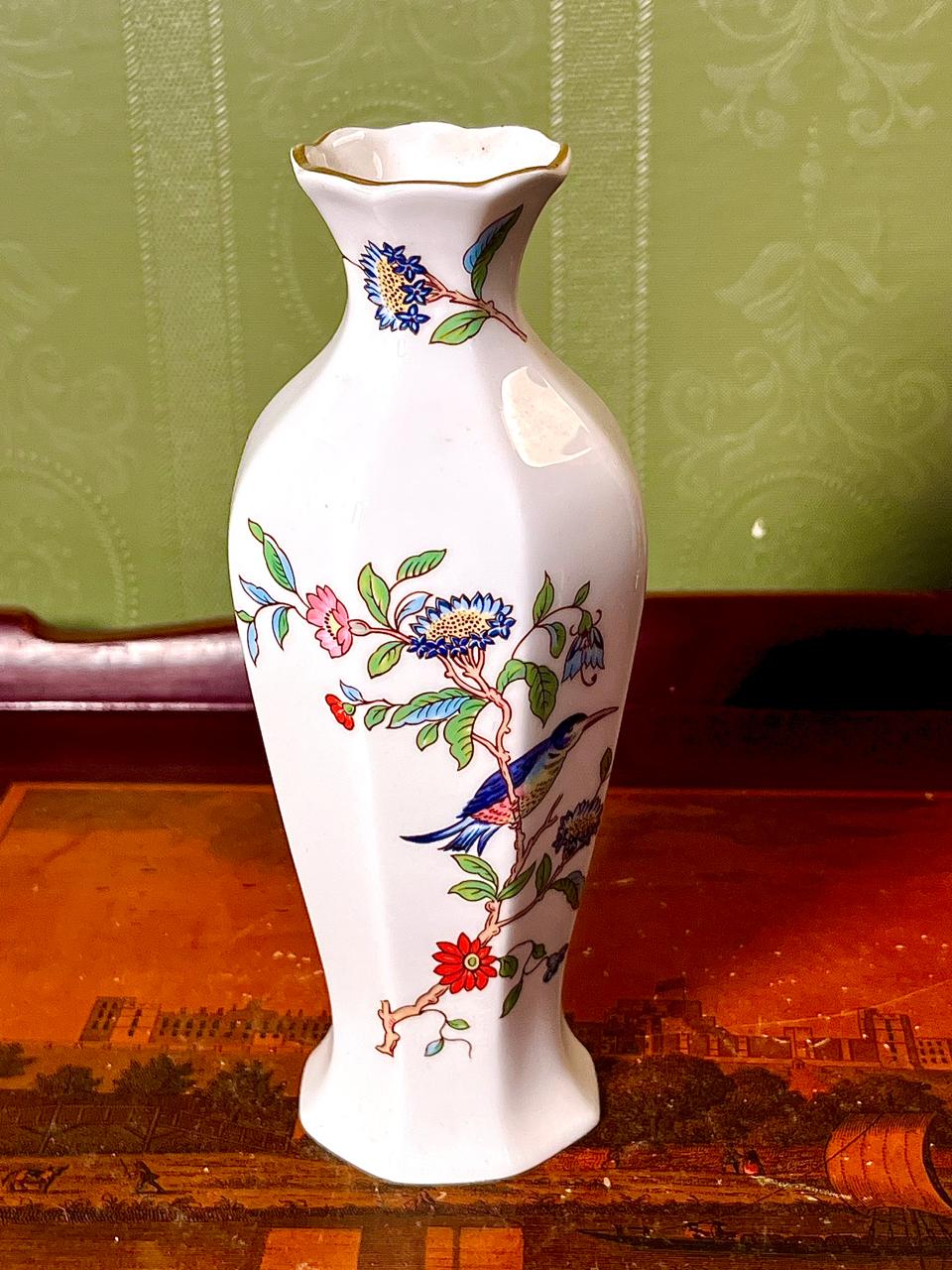 Tall Aynsley Floral Bird Vase with Gold Trim – 7.5 in