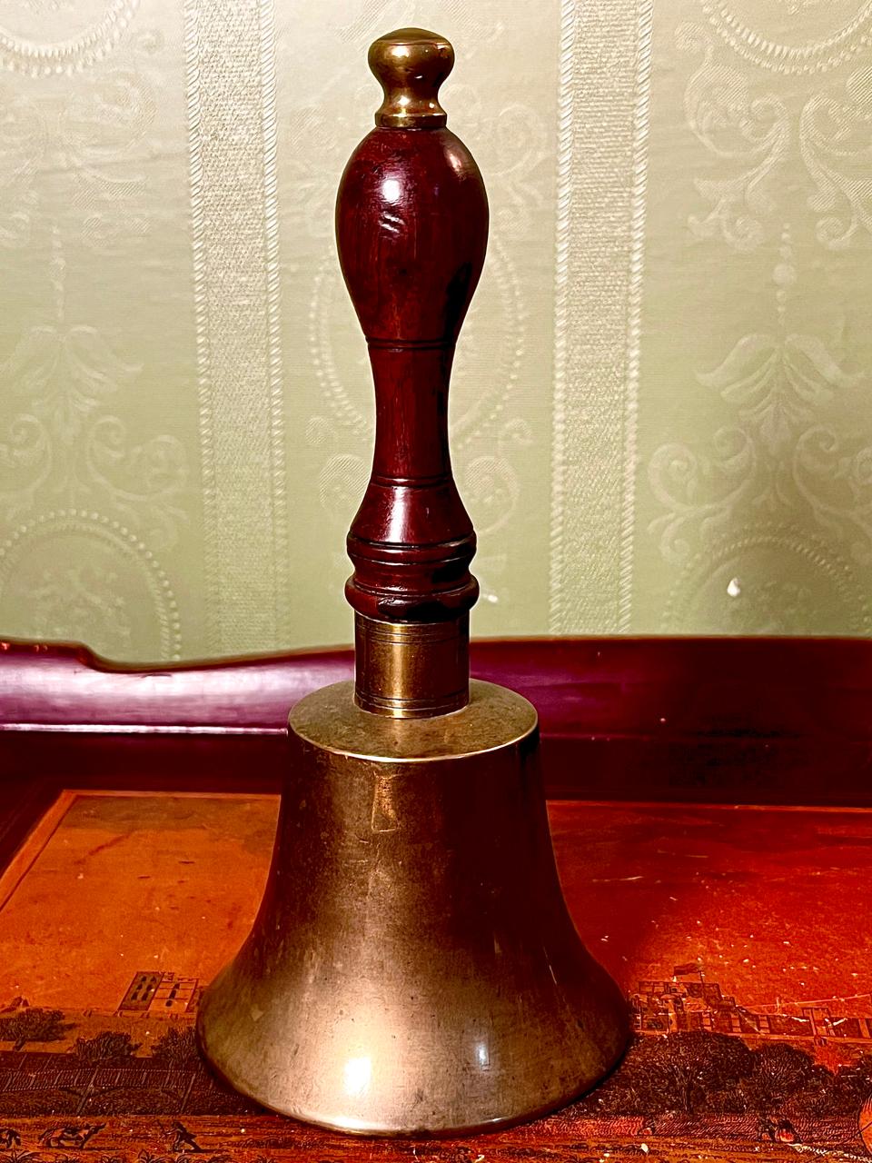 Vintage Metal Brass Hand Bell with Wooden Handle – 7.5 in