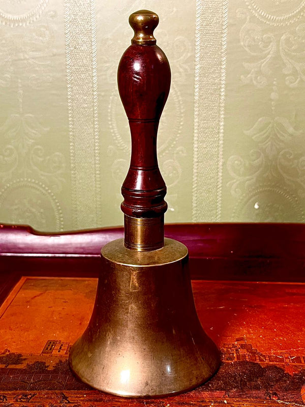 Vintage Metal Brass Hand Bell with Wooden Handle – 7.5 in