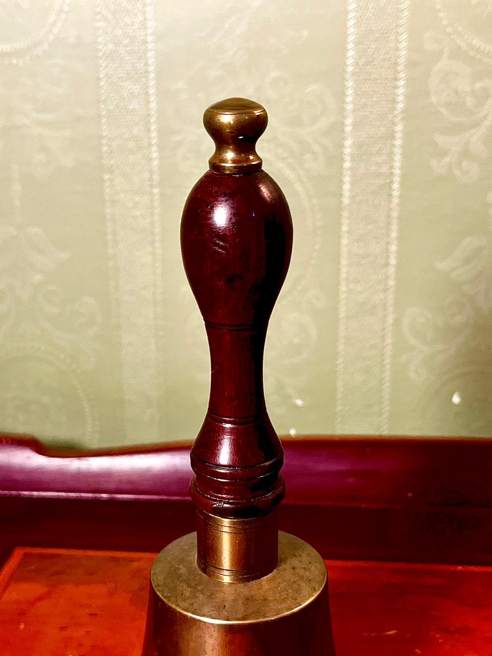Vintage Metal Brass Hand Bell with Wooden Handle – 7.5 in
