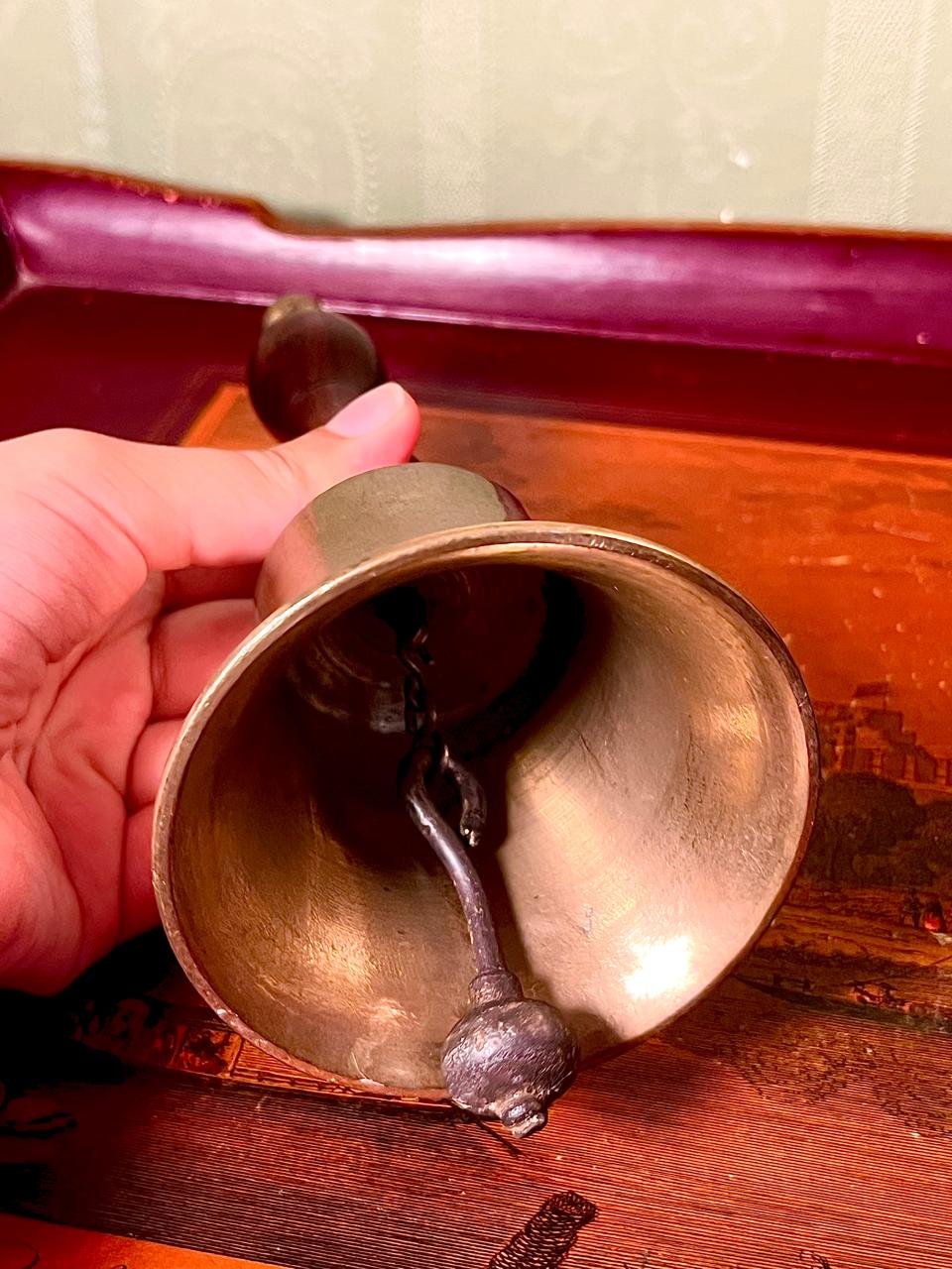 Vintage Metal Brass Hand Bell with Wooden Handle – 7.5 in