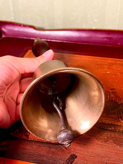 Vintage Metal Brass Hand Bell with Wooden Handle – 7.5 in