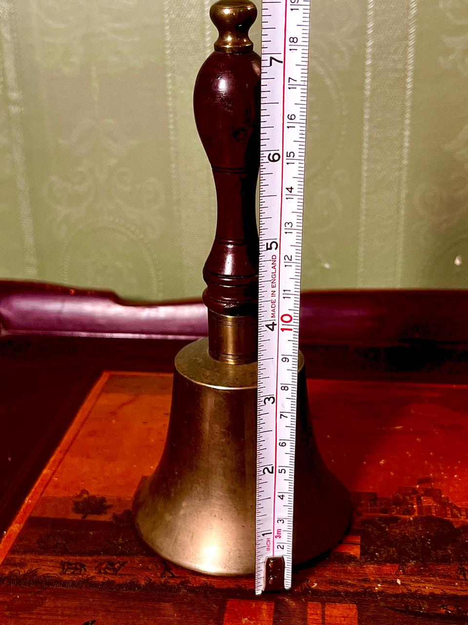 Vintage Metal Brass Hand Bell with Wooden Handle – 7.5 in
