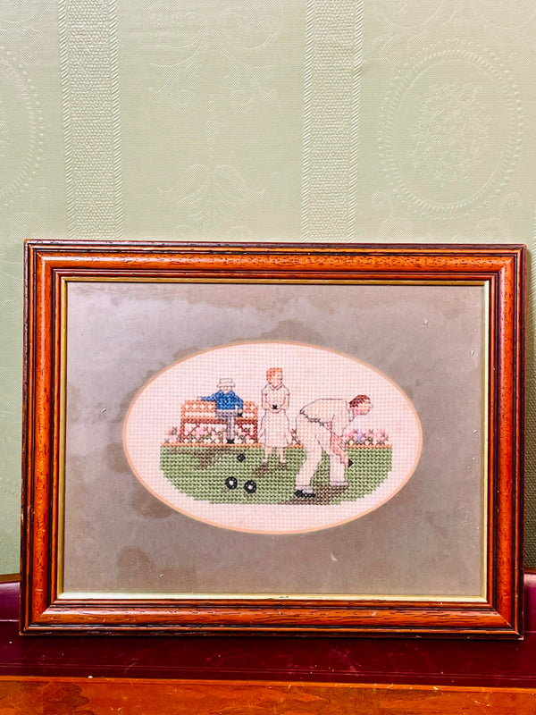 Framed Bowling Needlework Artwork, Approx. 9 Inches