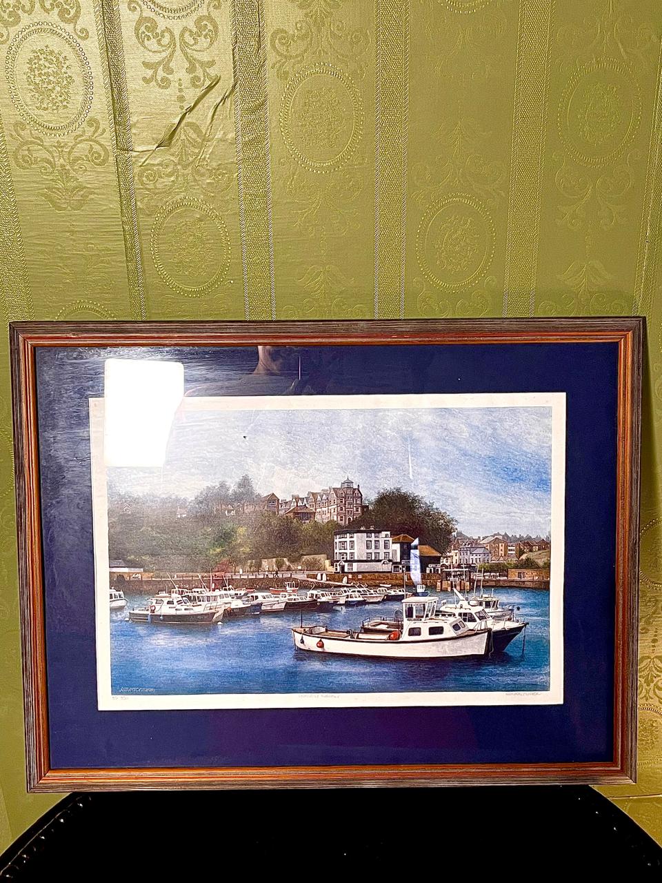 Vintage Harbour Boats Framed Drawing Art 56cm
