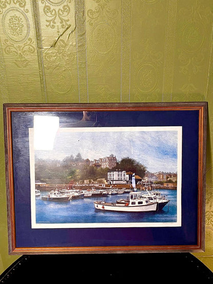 Vintage Harbour Boats Framed Drawing Art 56cm