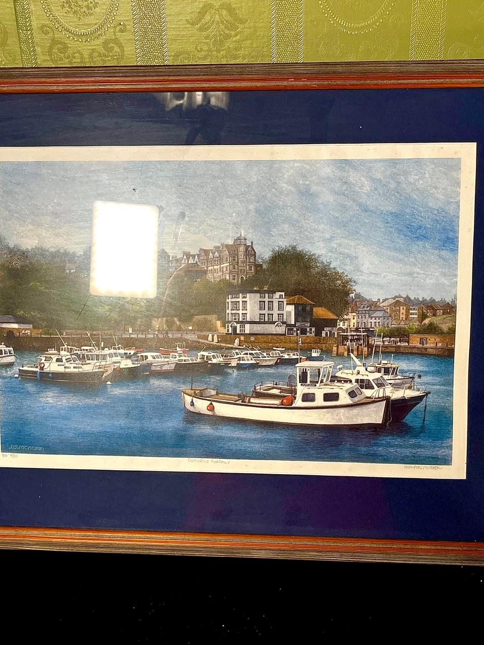 Vintage Harbour Boats Framed Drawing Art 56cm