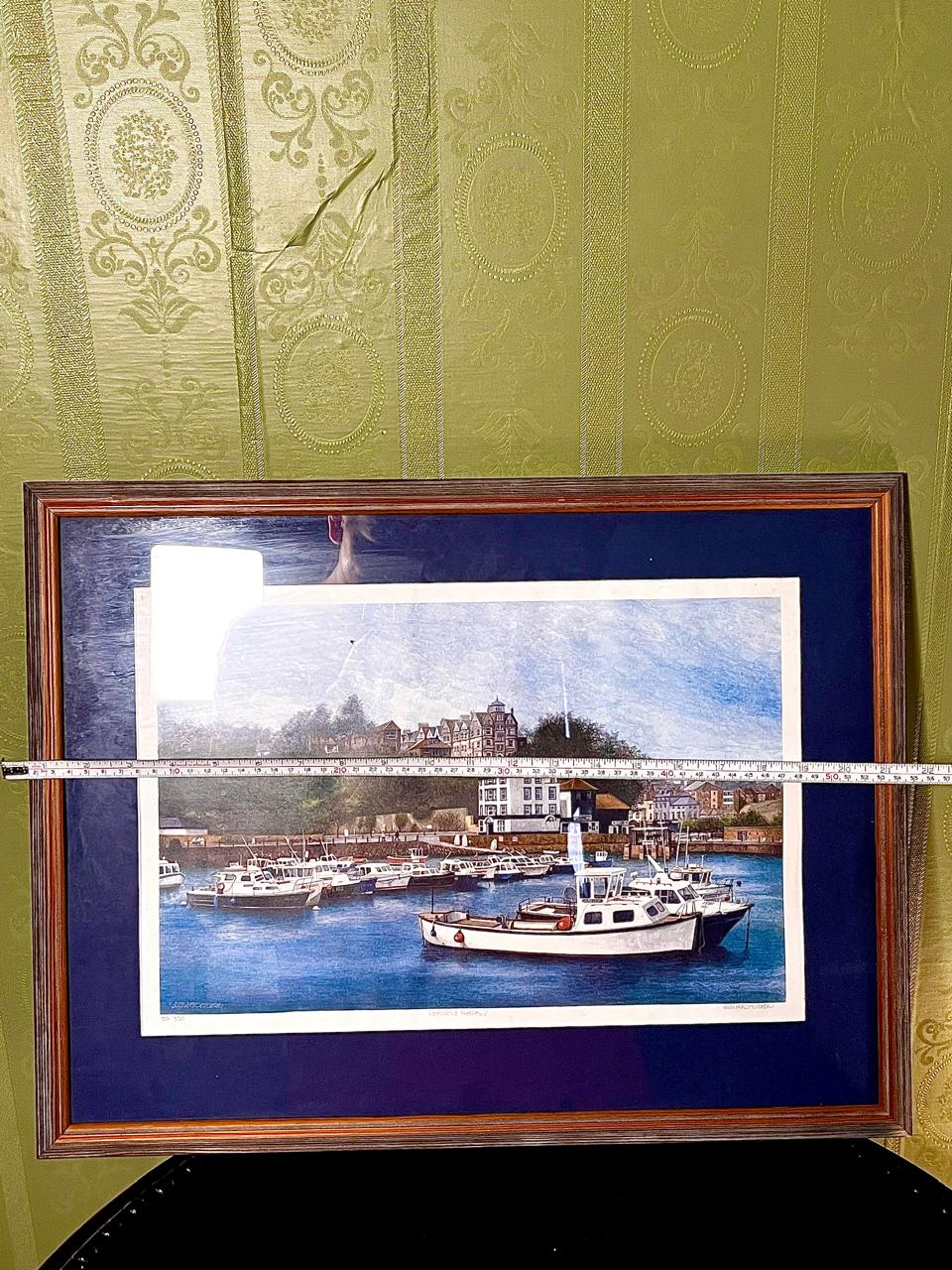 Vintage Harbour Boats Framed Drawing Art 56cm