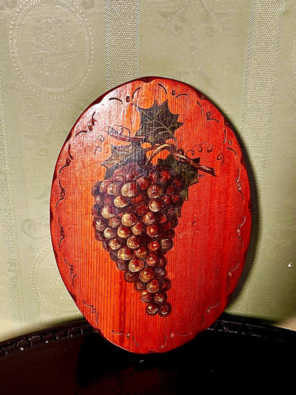 Vintage Painted Wooden Wine & Grapes Wall Plaque 23cm