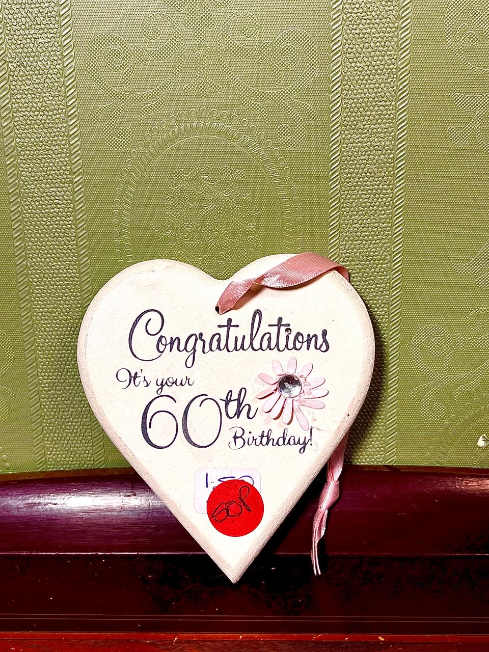 60th Birthday Heart Hanging Plaque Cream Pink 11cm