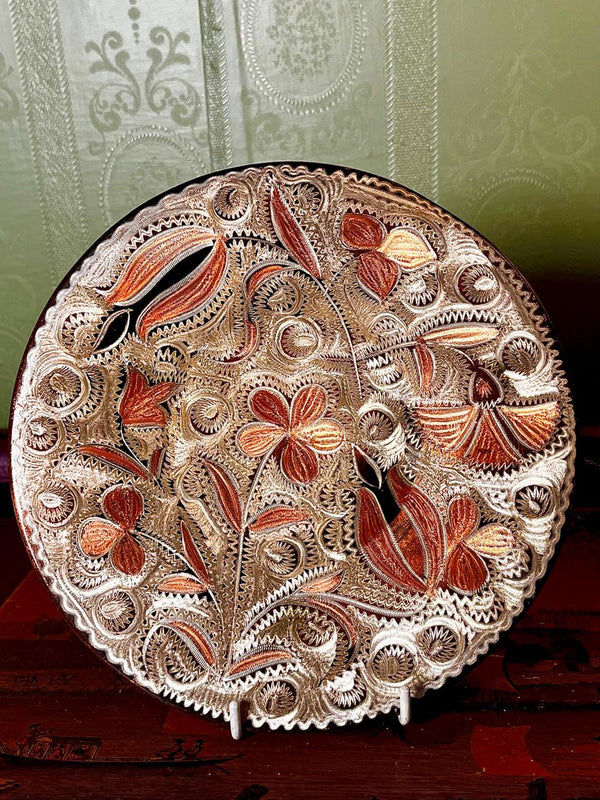 Vintage Copper Embroidered Floral Decorative Wall Plate, 7 Inch