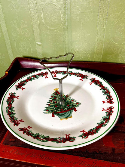 Vintage Christmas Tree Serving Plate with Handle, 10 Inch