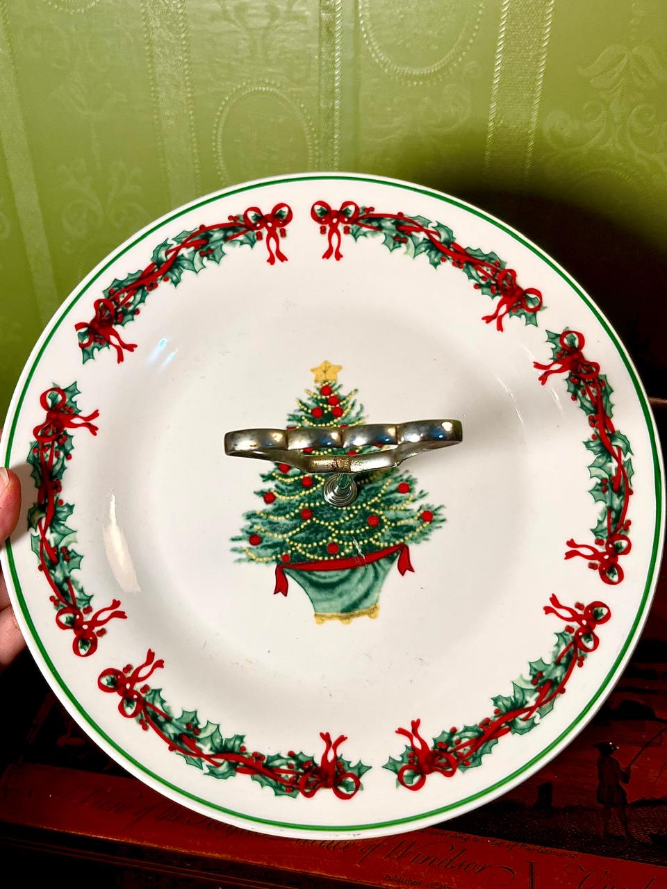 Vintage Christmas Tree Serving Plate with Handle, 10 Inch