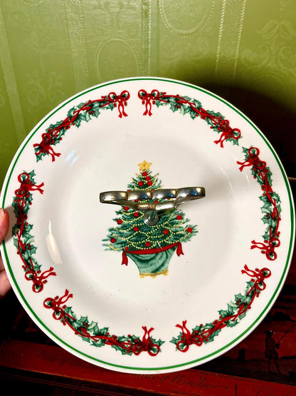 Vintage Christmas Tree Serving Plate with Handle, 10 Inch