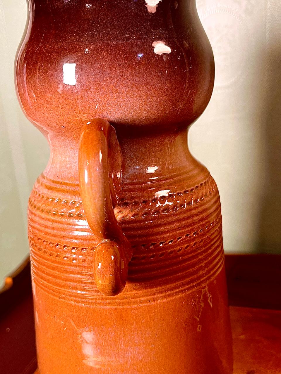 Vintage Brown Ruffled Ceramic Vase, 10 Inch