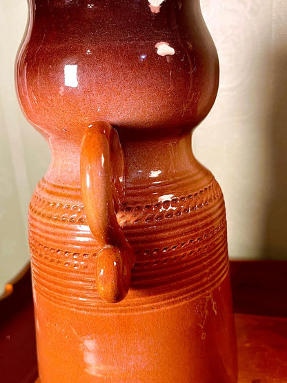 Vintage Brown Ruffled Ceramic Vase, 10 Inch