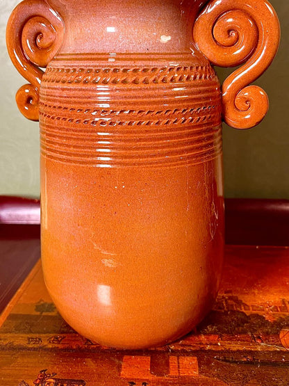 Vintage Brown Ruffled Ceramic Vase, 10 Inch