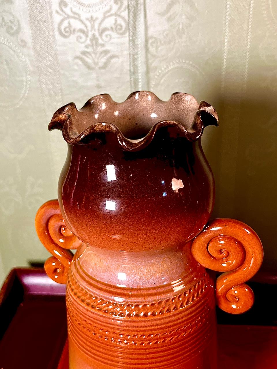 Vintage Brown Ruffled Ceramic Vase, 10 Inch