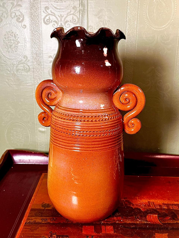 Vintage Brown Ruffled Ceramic Vase, 10 Inch