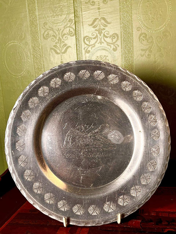 Vintage silver Rock of Gibraltar Engraved Pewter Plate 9.5 Inch