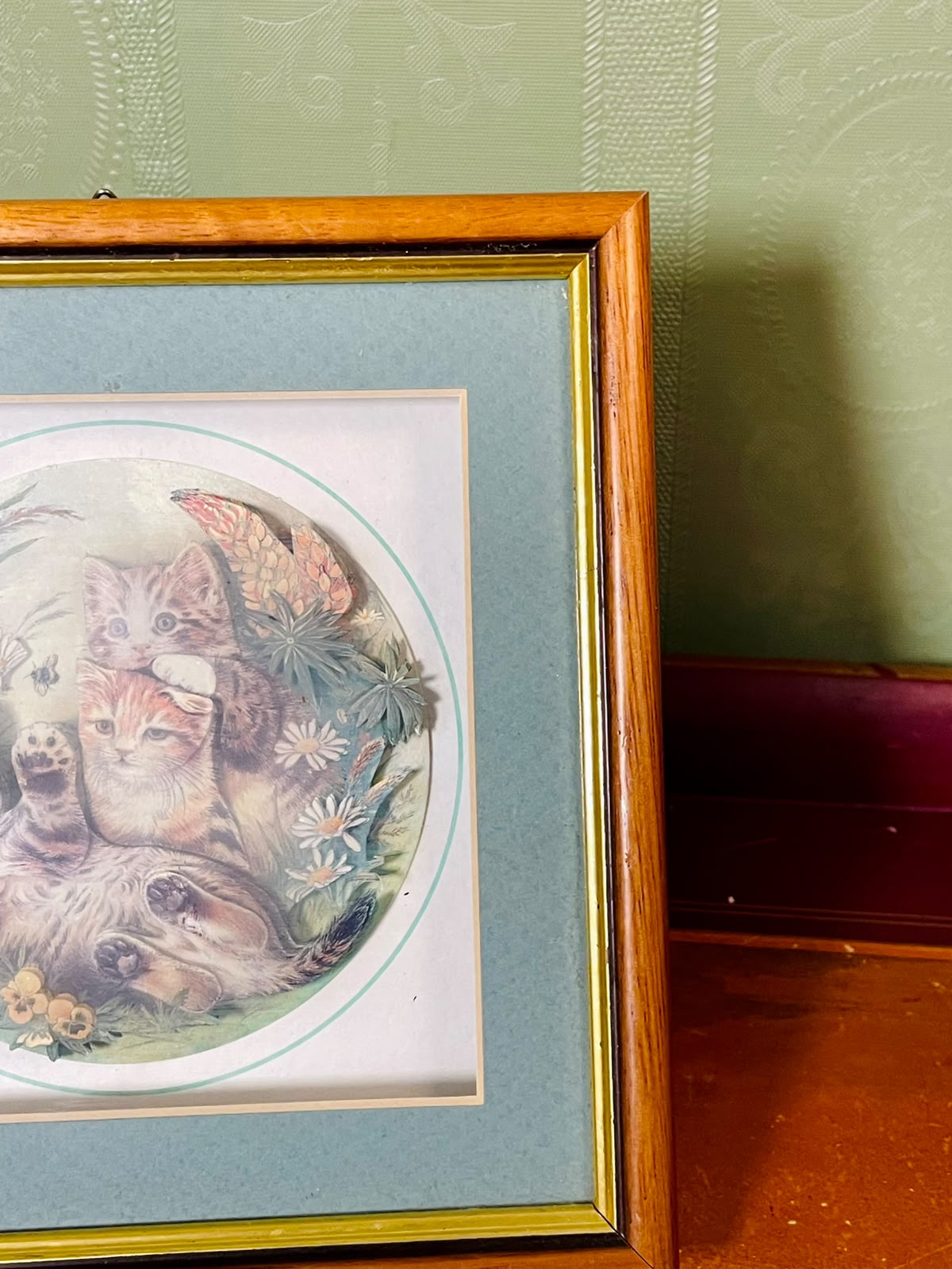 Vintage Cat & Floral Framed Print Approx. 17 Inch